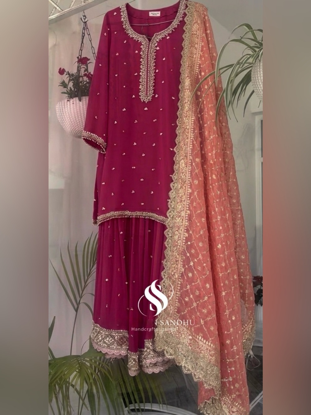 Pure georgette Handcrafted Fuchsia Sharara Set with Peach Dupatta